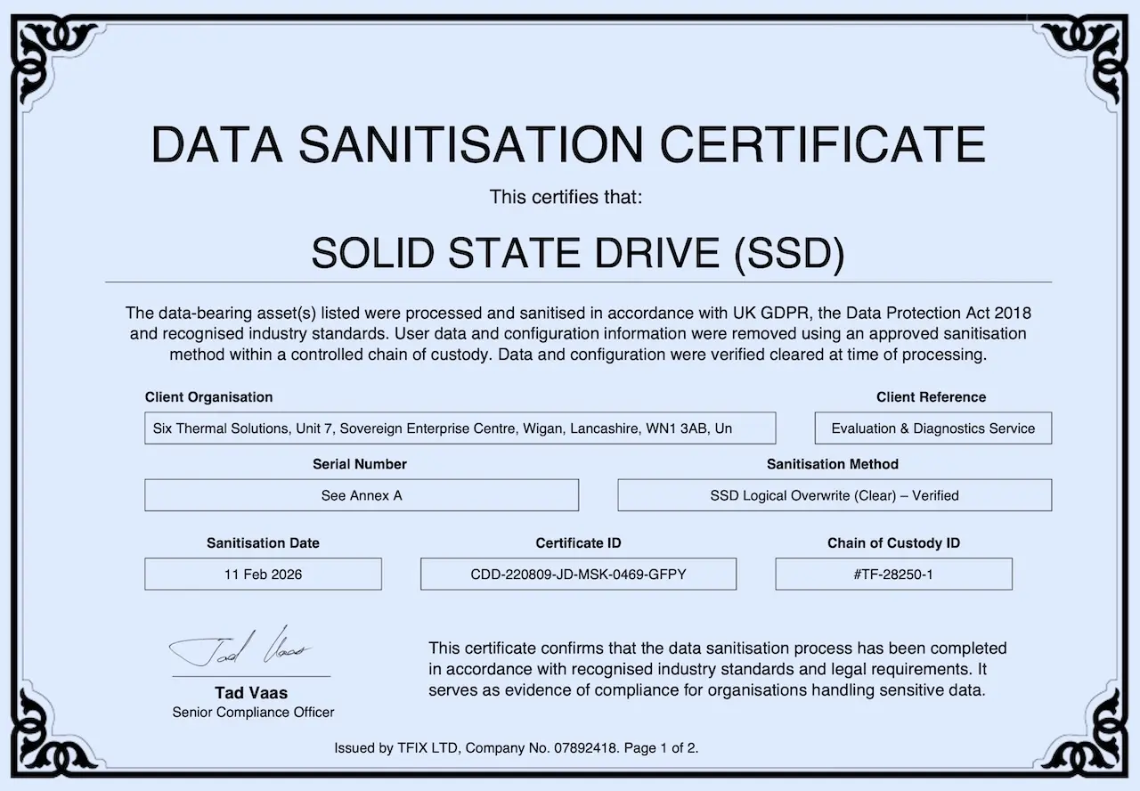 Certificate of compliance for secure data destruction