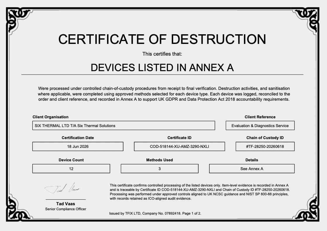 Certificate of compliance for secure data destruction