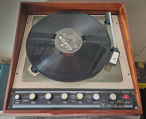 A record player with a vinyl record